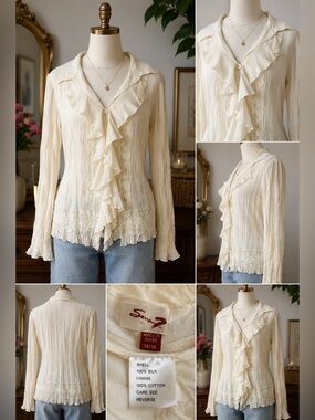 Seven7 Cream Ruffle-Front Blouse